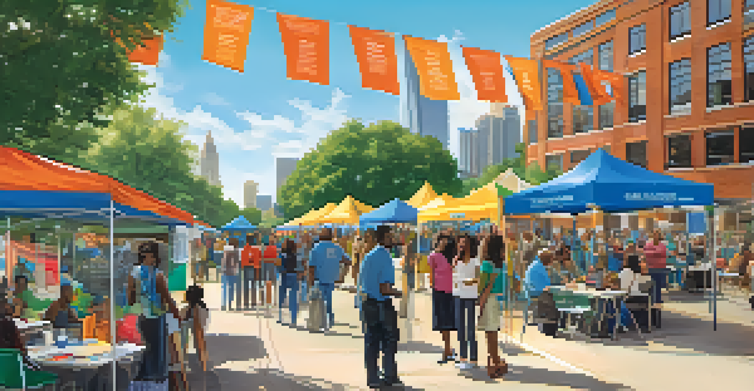 Students and faculty engaging with community members at an outdoor event, with the Atlanta skyline in the background.