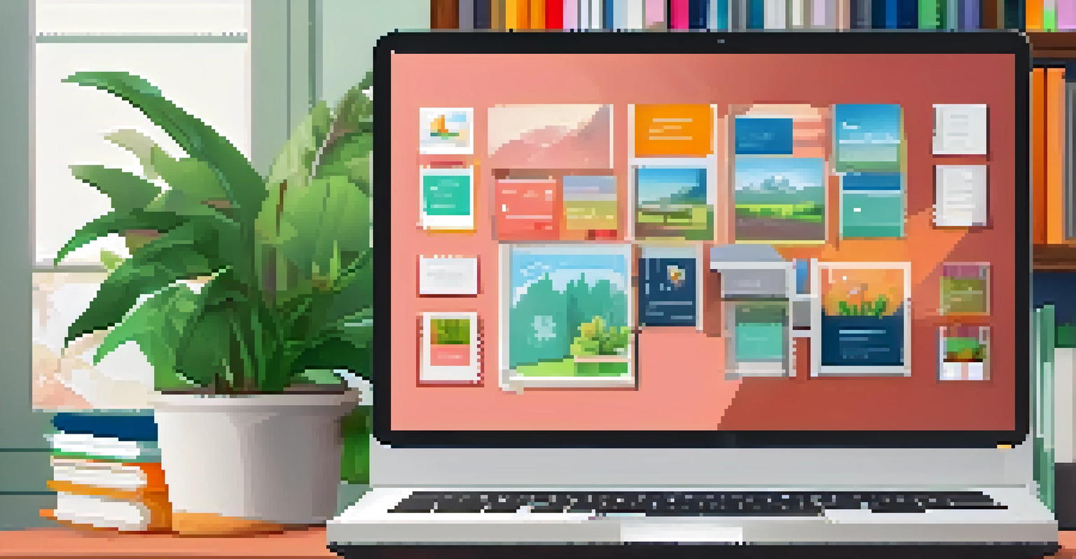 A laptop screen showcasing an engaging e-learning platform interface in a cozy study space with bookshelves.