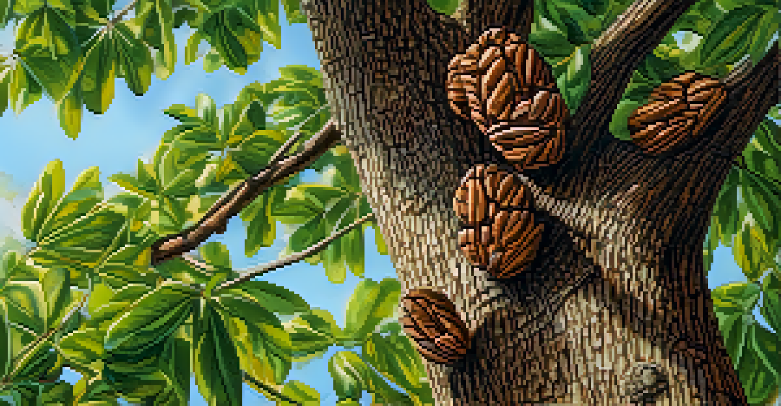 Close-up of a pecan tree with pecans nestled among green leaves and sunlight highlighting their textures.