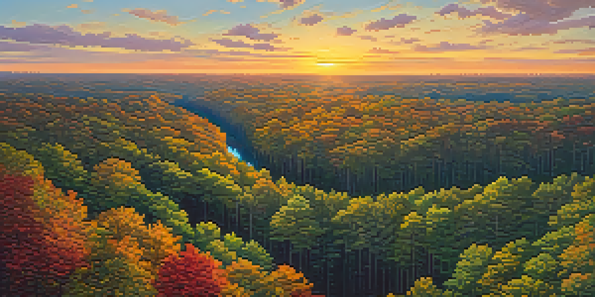 A drone flying over a lush forest in Georgia during sunset, highlighting the vibrant colors and intricate patterns of the treetops.