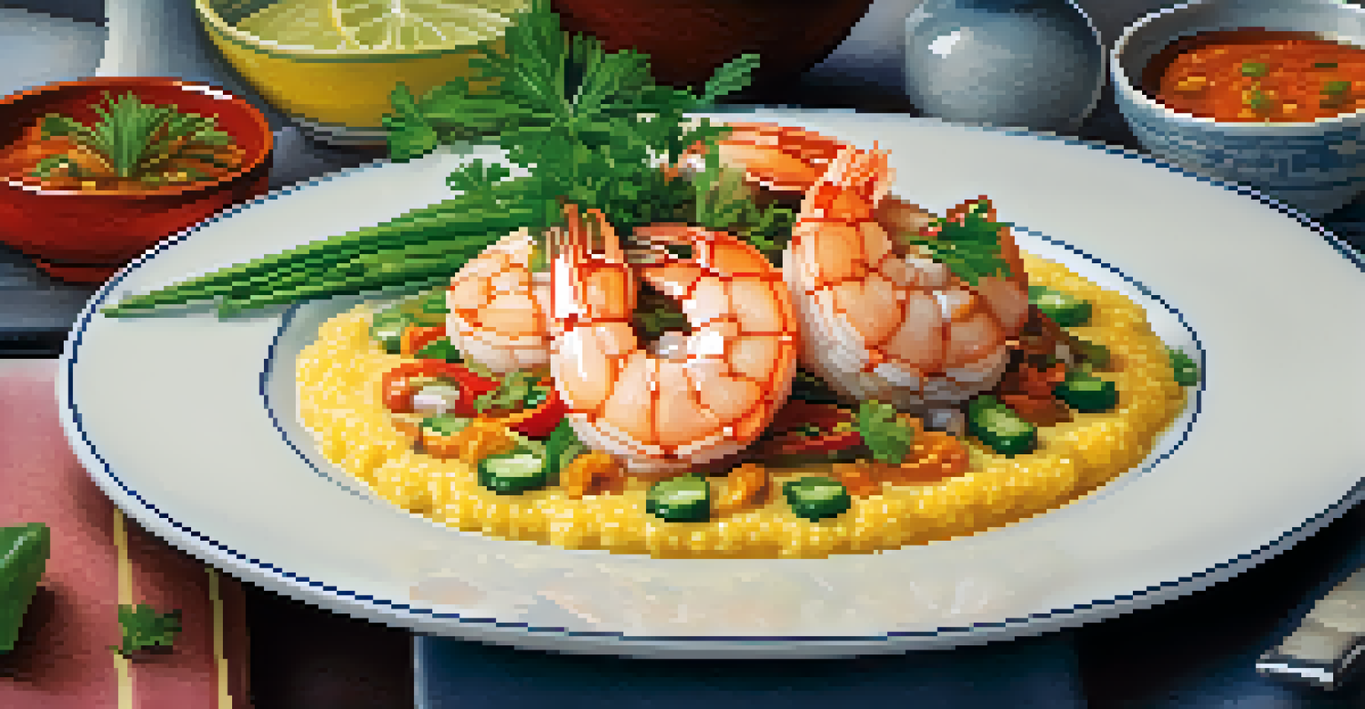 A close-up of a beautifully plated dish of shrimp and grits with a spicy Asian twist, highlighting vibrant colors and textures.