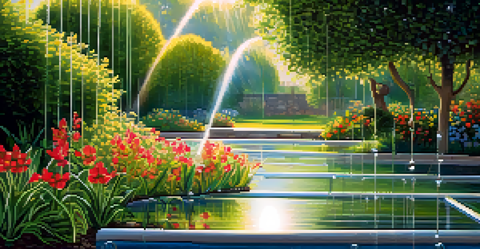 A close-up view of a smart irrigation system in a garden, with sensors managing water flow and glistening droplets on plants.