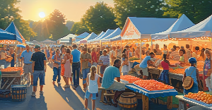 A lively outdoor festival scene featuring stalls with fresh peaches and cobbler, with diverse people enjoying the event under warm sunlight.