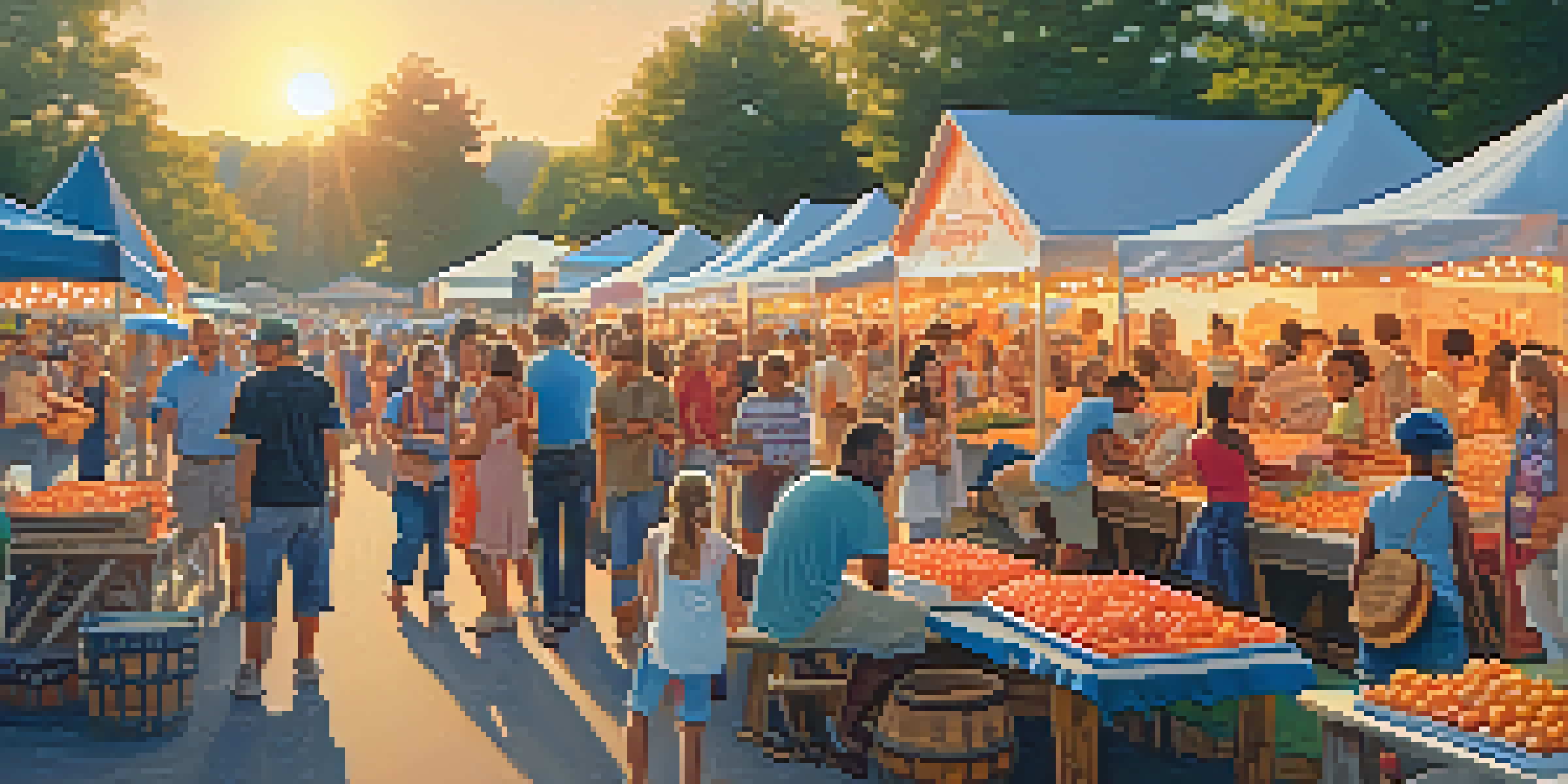 A lively outdoor festival scene featuring stalls with fresh peaches and cobbler, with diverse people enjoying the event under warm sunlight.