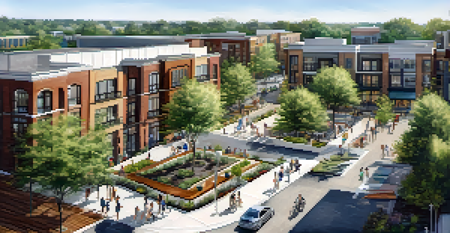 An aerial view of a modern mixed-use development in Georgia, showing residential buildings, shops, and people enjoying outdoor spaces.