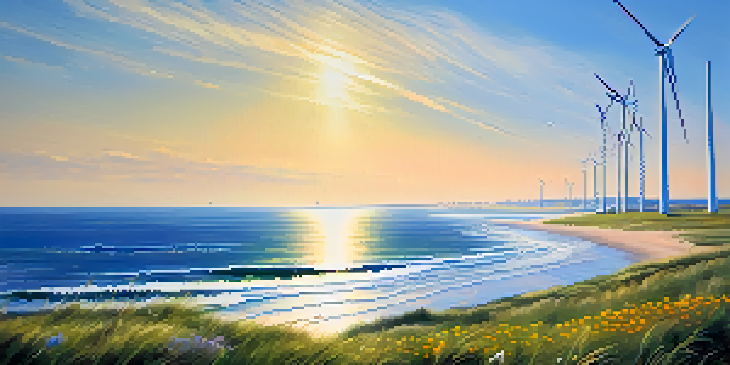 A picturesque landscape showcasing wind turbines by the coast of Georgia, with vibrant greenery and ocean waves under a clear sky.
