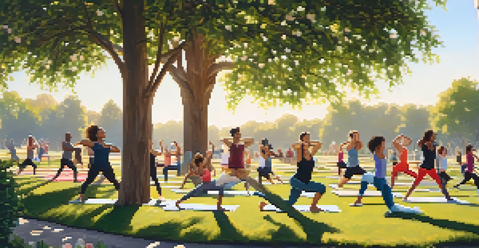 A diverse group of people participating in an outdoor exercise program in a park, surrounded by trees and flowers.
