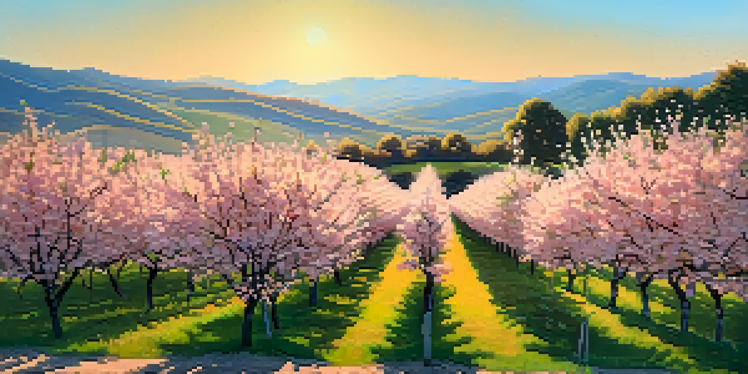 A picturesque scene of a peach orchard in Georgia with ripe peaches and rolling hills in the background during sunset.