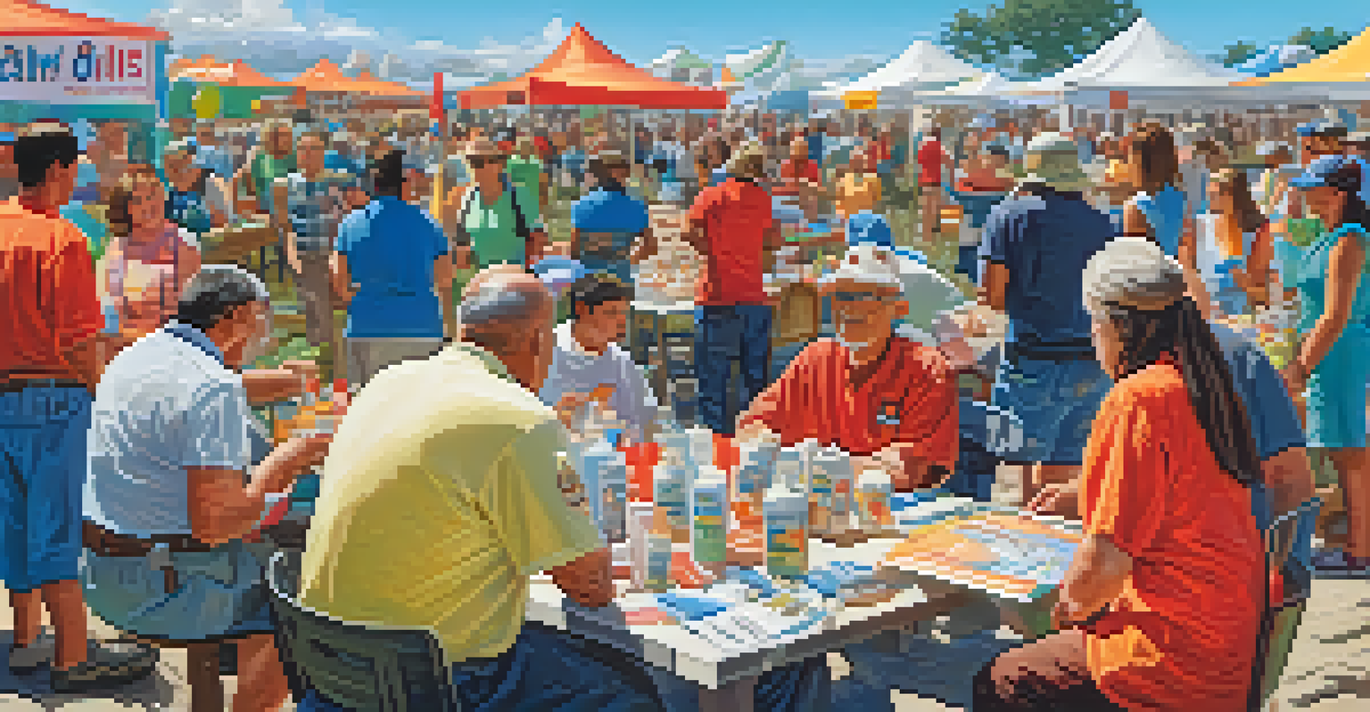 A vibrant community gathering focused on disaster preparedness, with residents assembling emergency kits and sharing information outdoors.