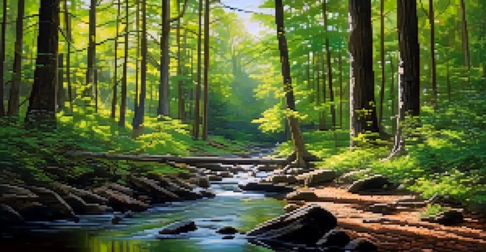 A lush forest in Georgia with colorful wildflowers and a stream, featuring a red-cockaded woodpecker on a tree branch.
