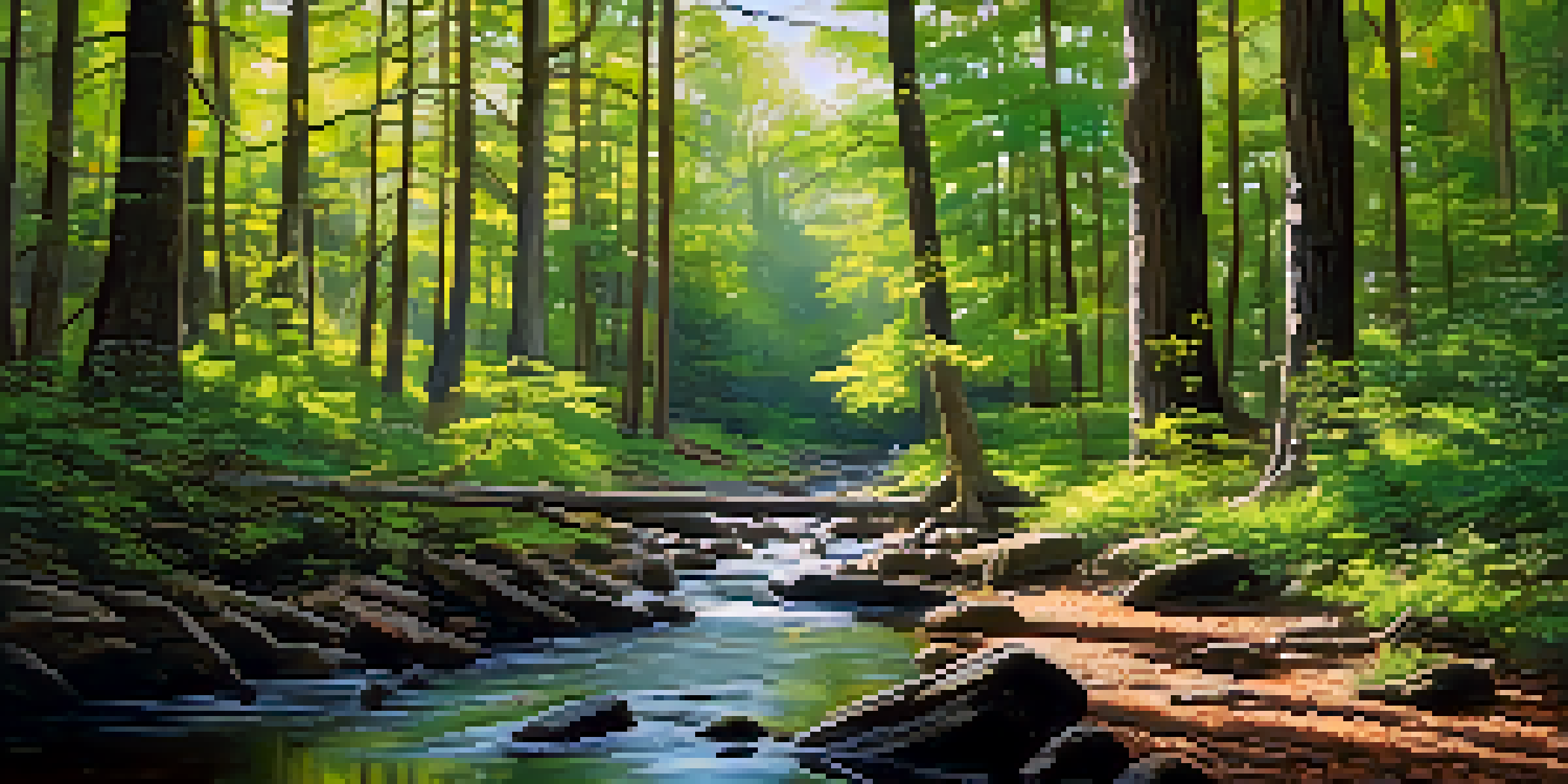 A lush forest in Georgia with colorful wildflowers and a stream, featuring a red-cockaded woodpecker on a tree branch.