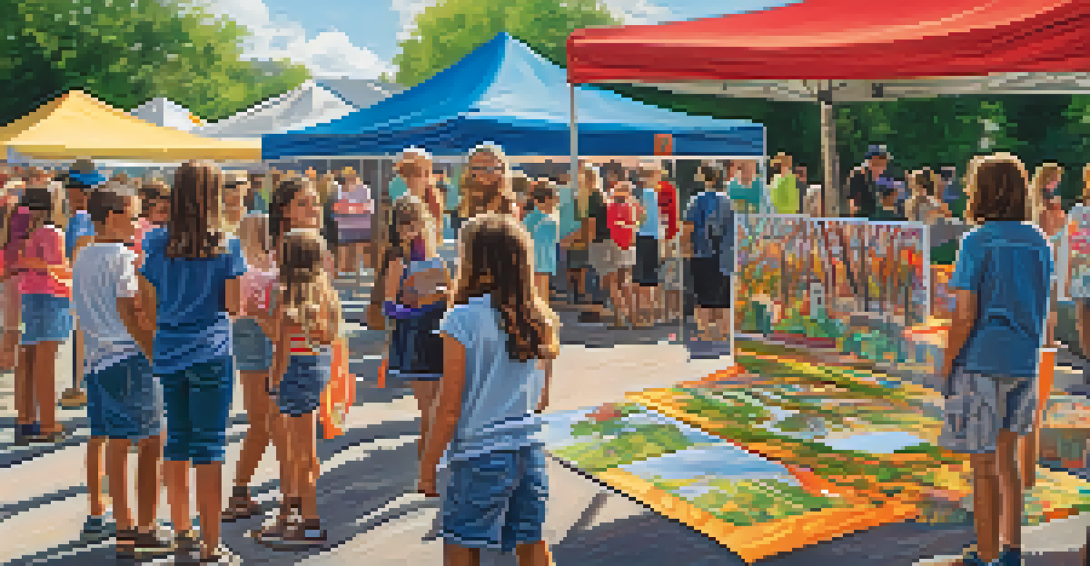 An outdoor community art event in Georgia with young artists displaying their work, families admiring the art, and a festive atmosphere filled with creativity.