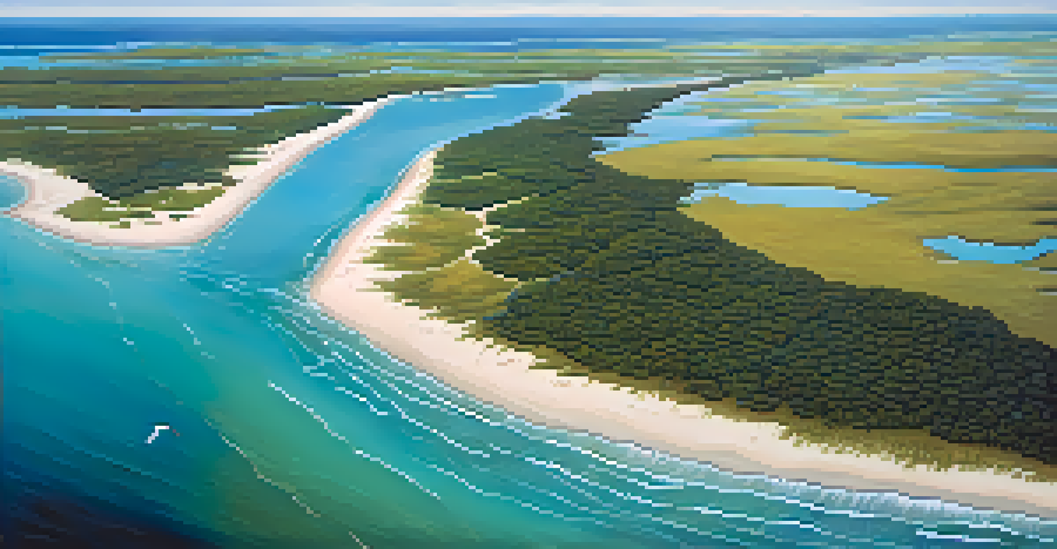 Aerial view of a barrier island in Georgia featuring dunes, forests, and tidal flats with turquoise waters and flying gulls.
