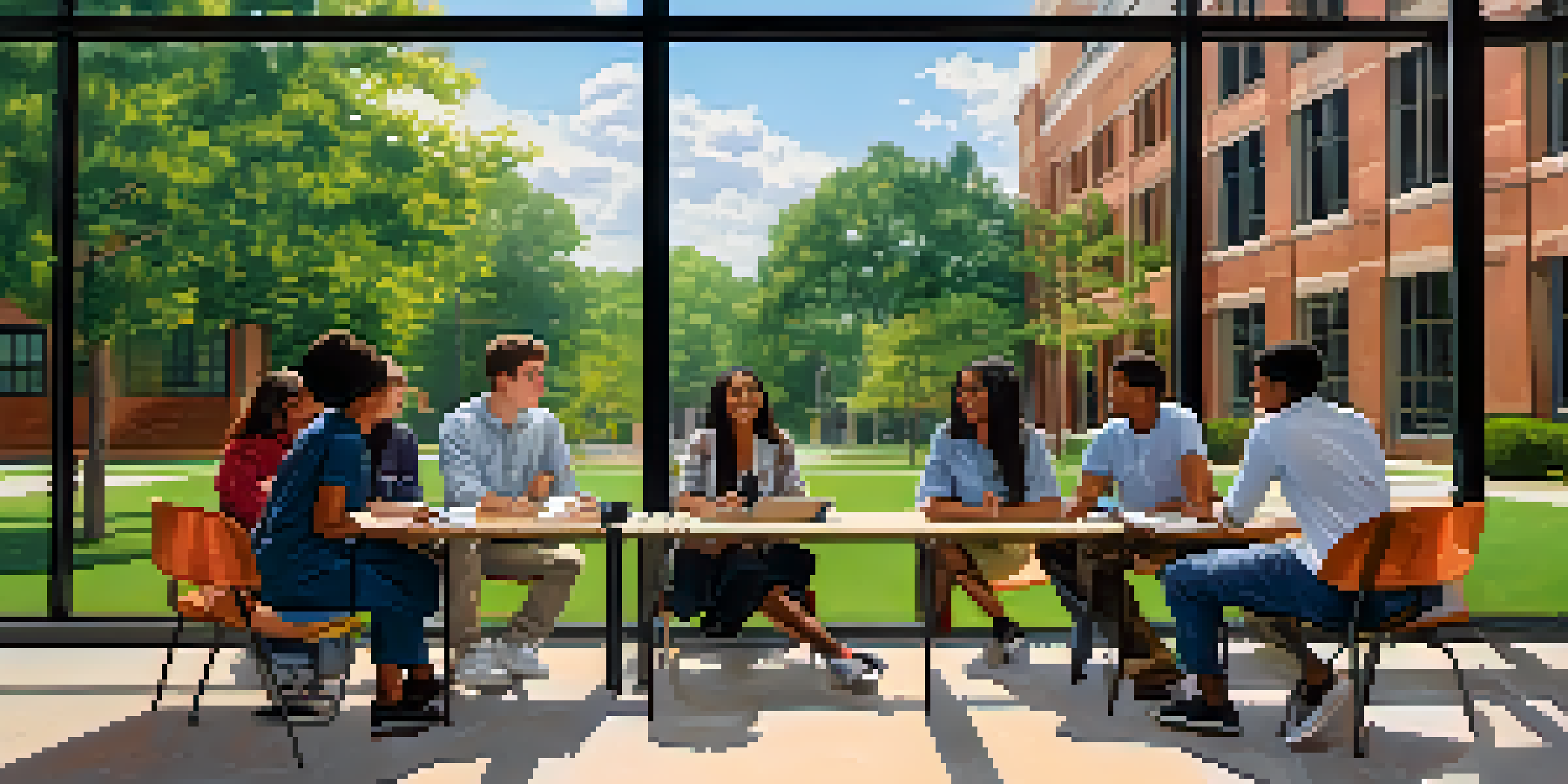 Students of diverse backgrounds discussing outdoors on a college campus in Georgia, surrounded by flowers and modern buildings.