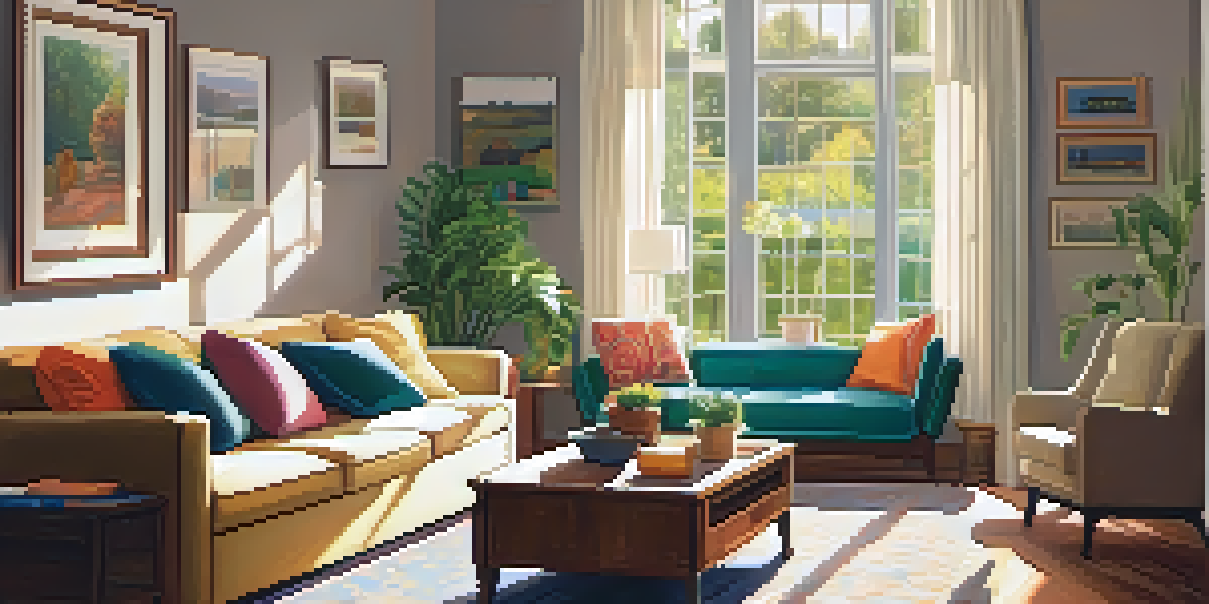 A cozy living room with a family happily interacting, soft lighting, and a view of a peaceful garden.