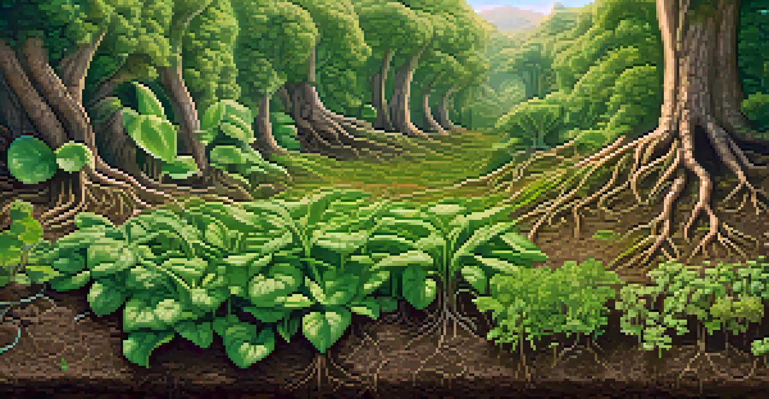 A close-up of healthy soil with different plant roots and microorganisms, showing vibrant green plants sprouting, illuminated by soft natural light.