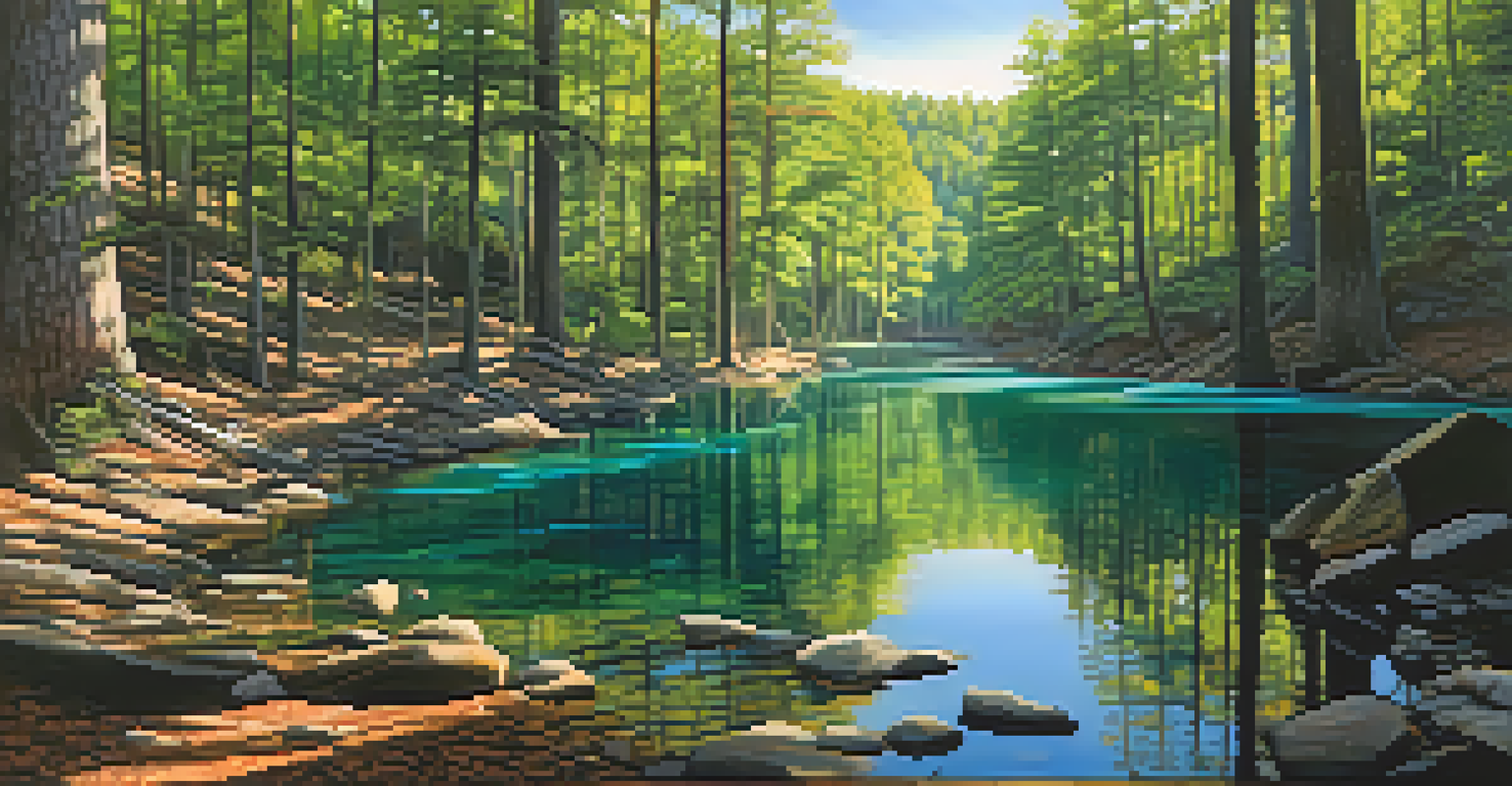 Aerial view of Oconee National Forest with dense trees, blue lakes, and sunlight filtering through the canopy.