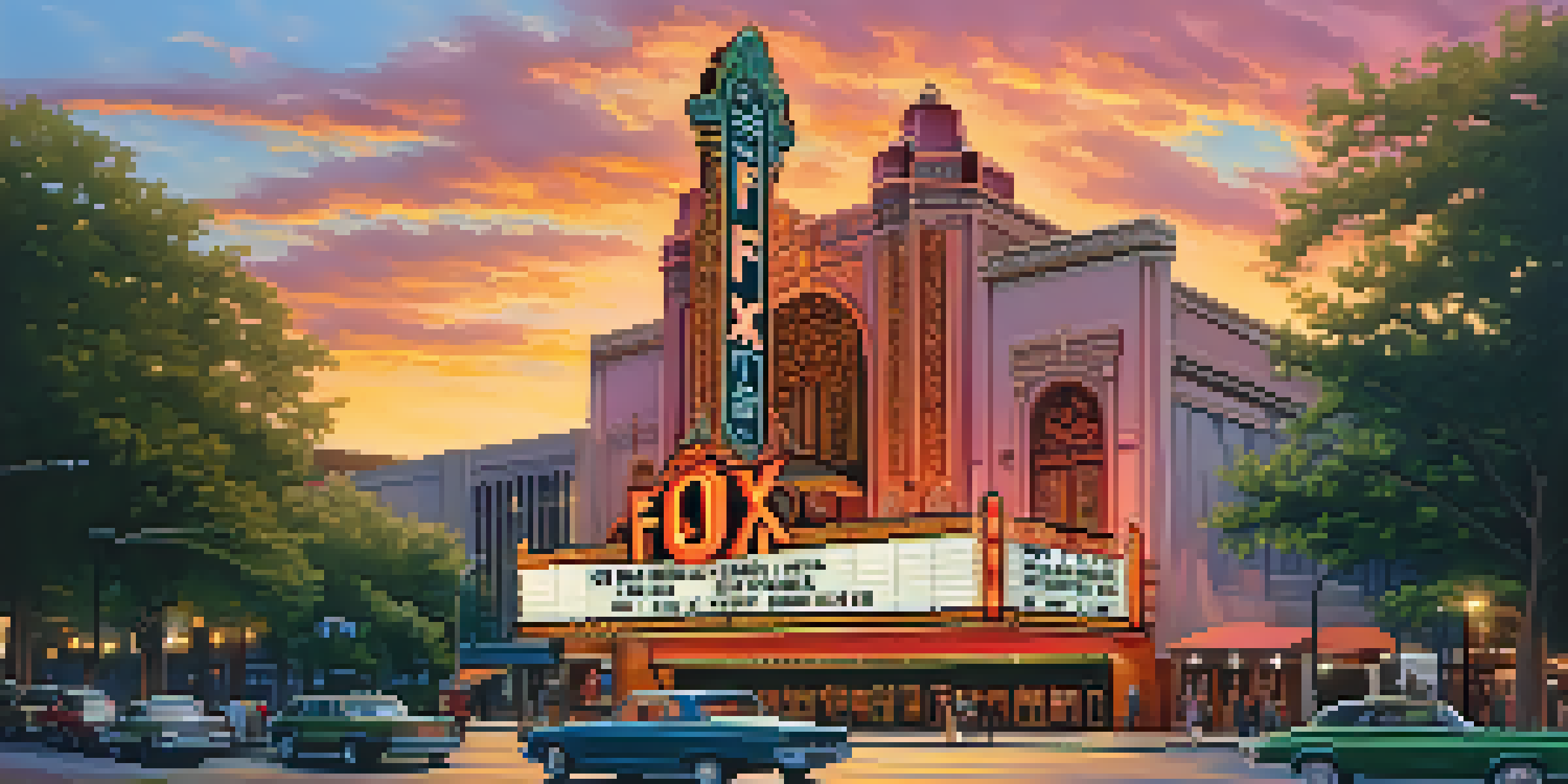 The Fox Theatre in Atlanta, Georgia, illuminated by a colorful sunset, with lush greenery and people nearby.