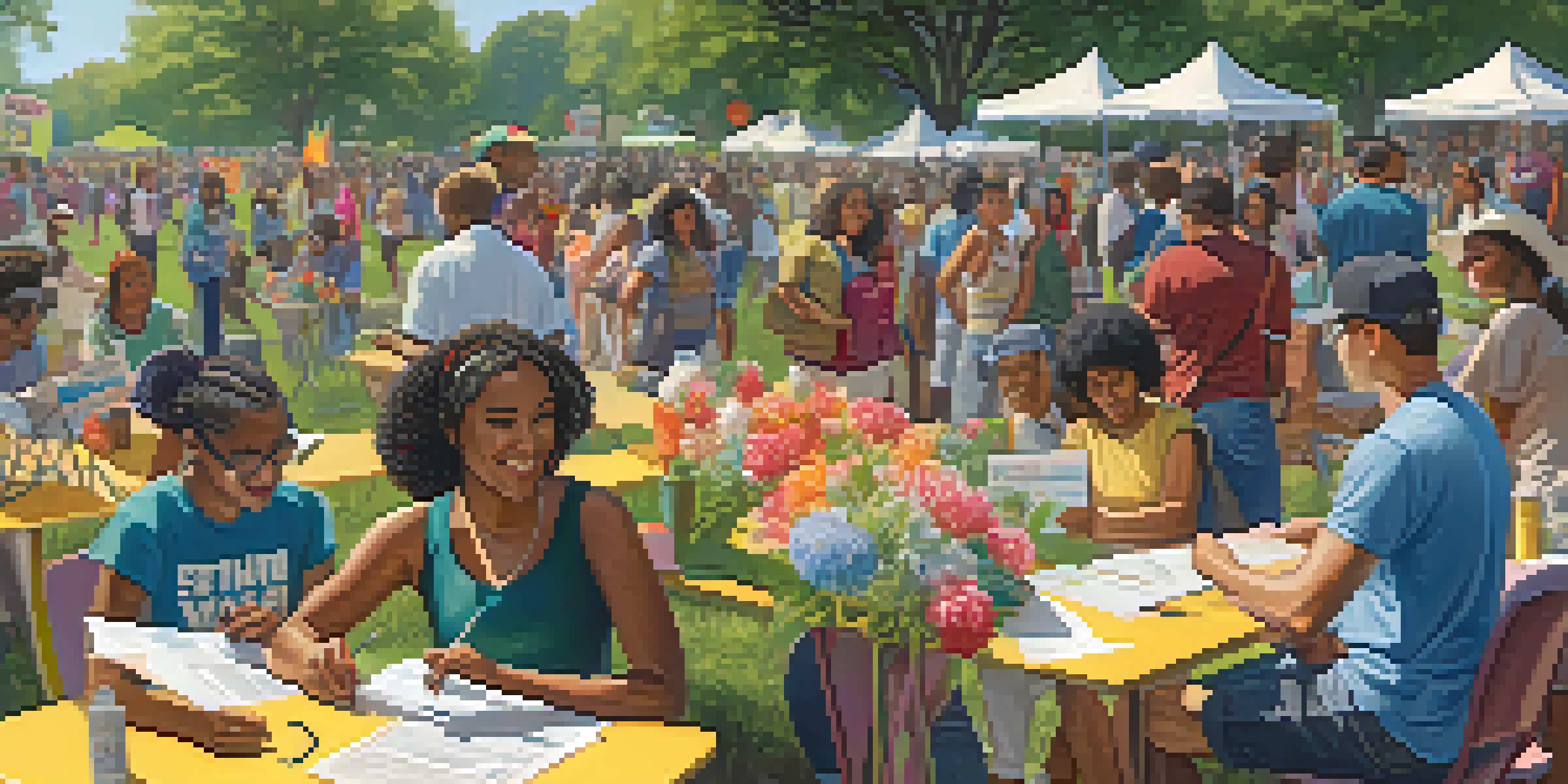A diverse group of young voters participating in a voter registration drive outdoors, surrounded by colorful banners and flowers.
