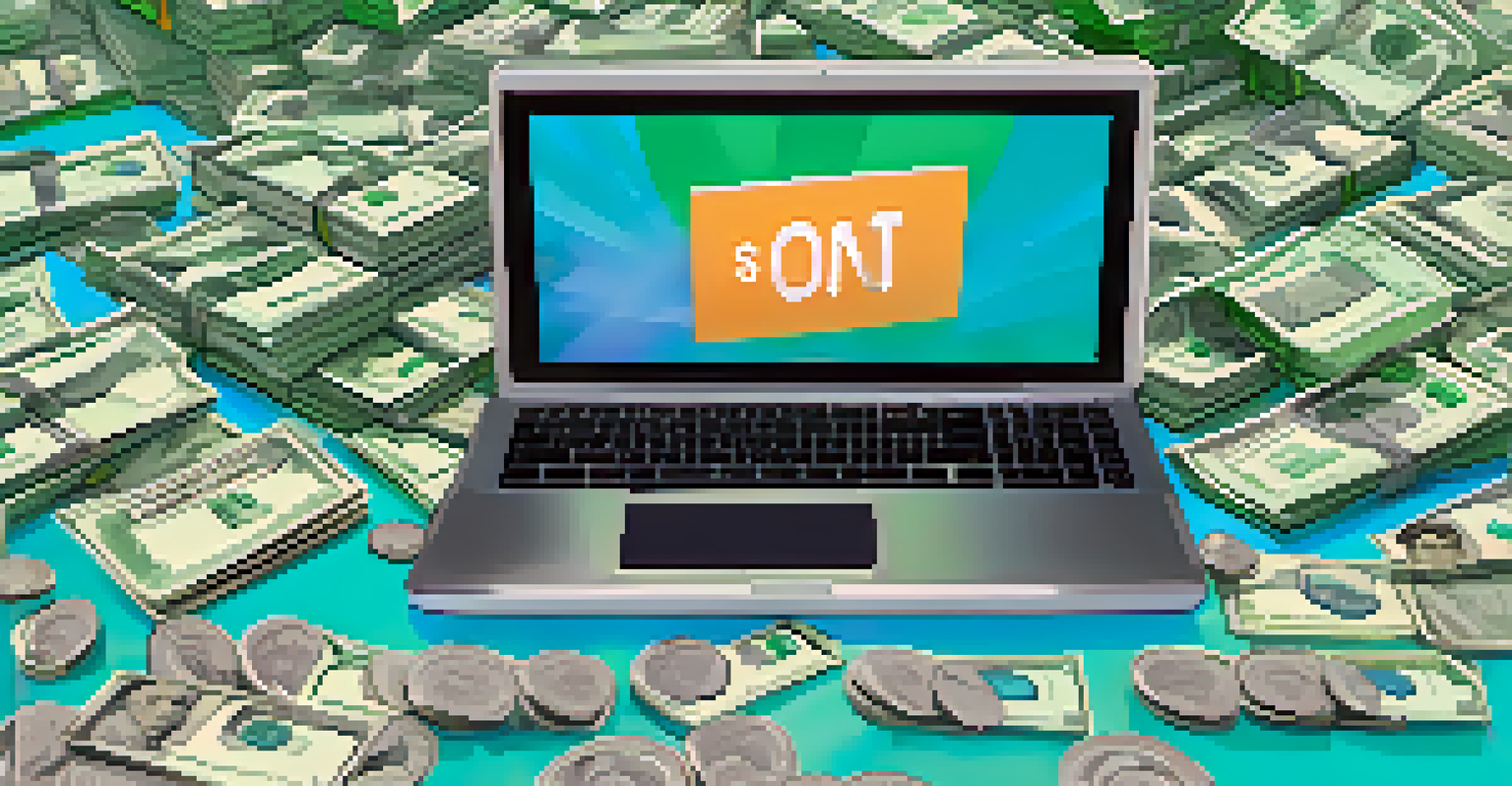 A laptop showing a crowdfunding website for a political candidate, surrounded by small dollar bills and coins.