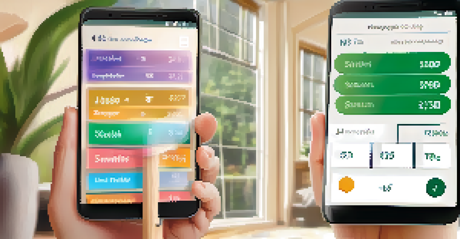 A close-up of a smartphone showing a budgeting app, with a hand touching the screen in a cozy home environment.