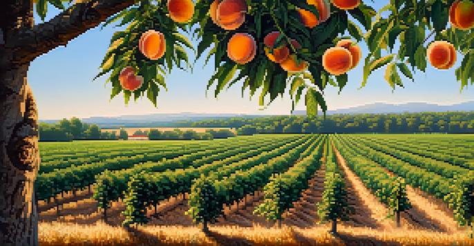 A sunny peach orchard in Georgia with ripe peaches hanging from the trees and visitors picking fruit.