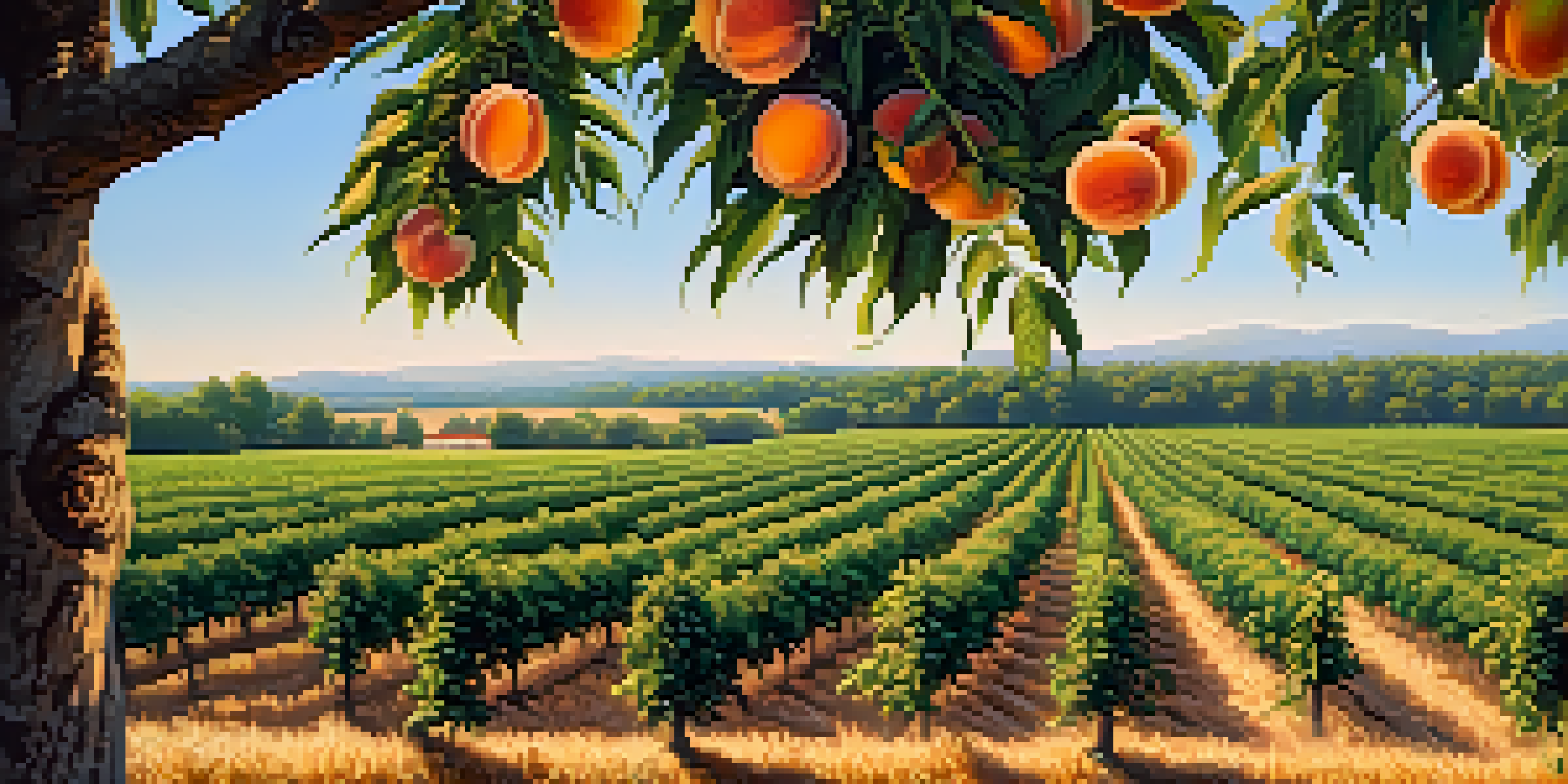 A sunny peach orchard in Georgia with ripe peaches hanging from the trees and visitors picking fruit.