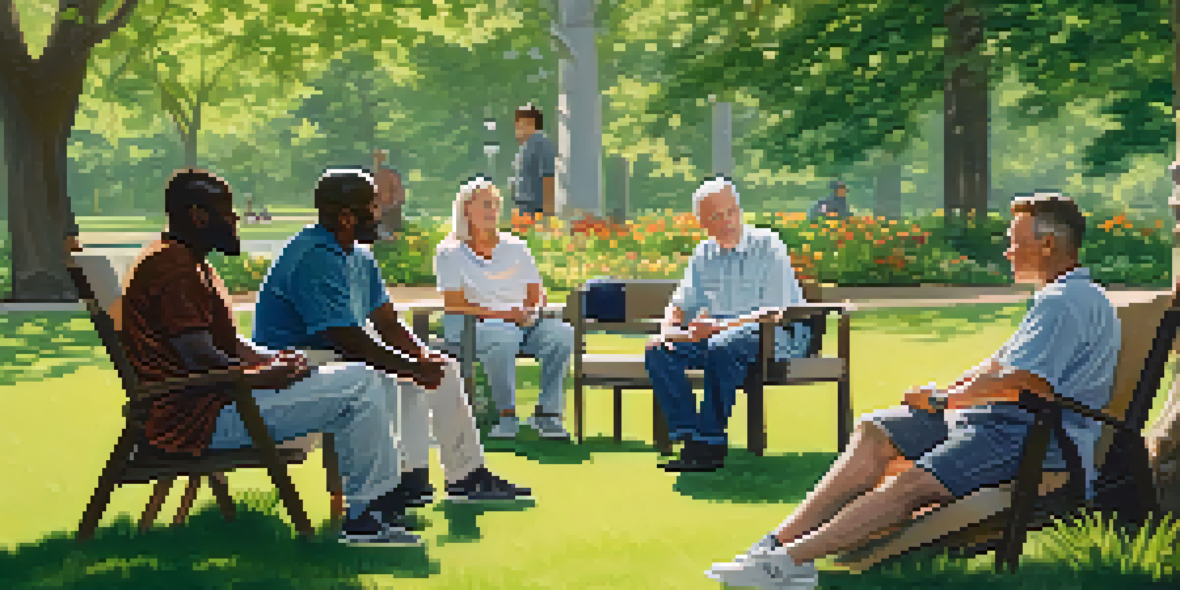 A group of veterans participating in a supportive outdoor therapy session in a park, surrounded by trees and flowers.