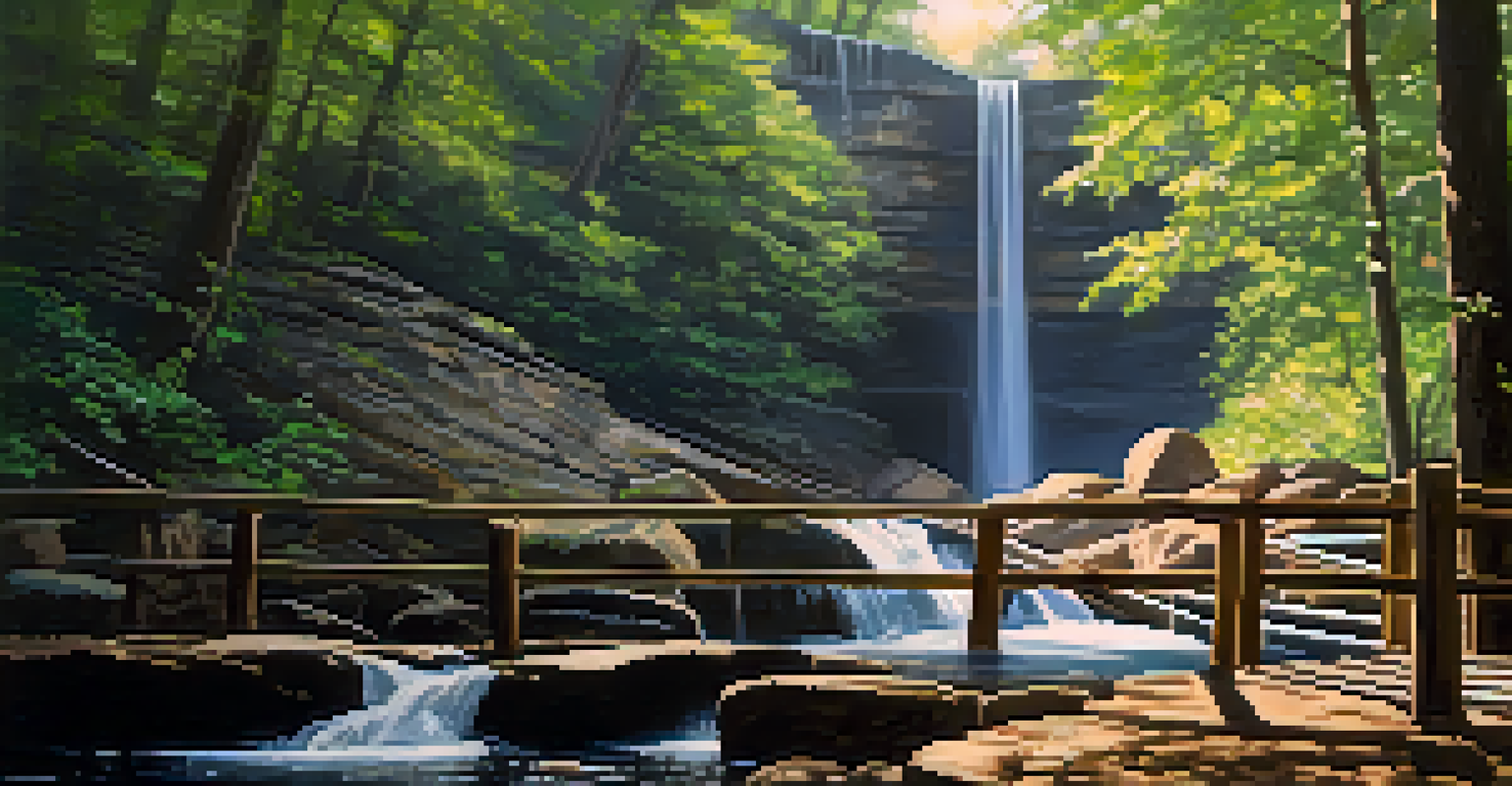 A cascading waterfall at Cloudland Canyon State Park, surrounded by lush greenery and dappled sunlight, with a wooden footbridge crossing a stream in the foreground.