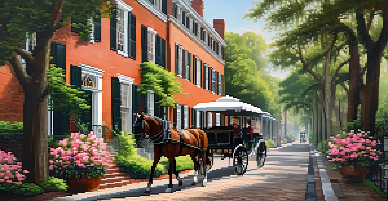 Historic Savannah street with antebellum buildings and a horse-drawn carriage.