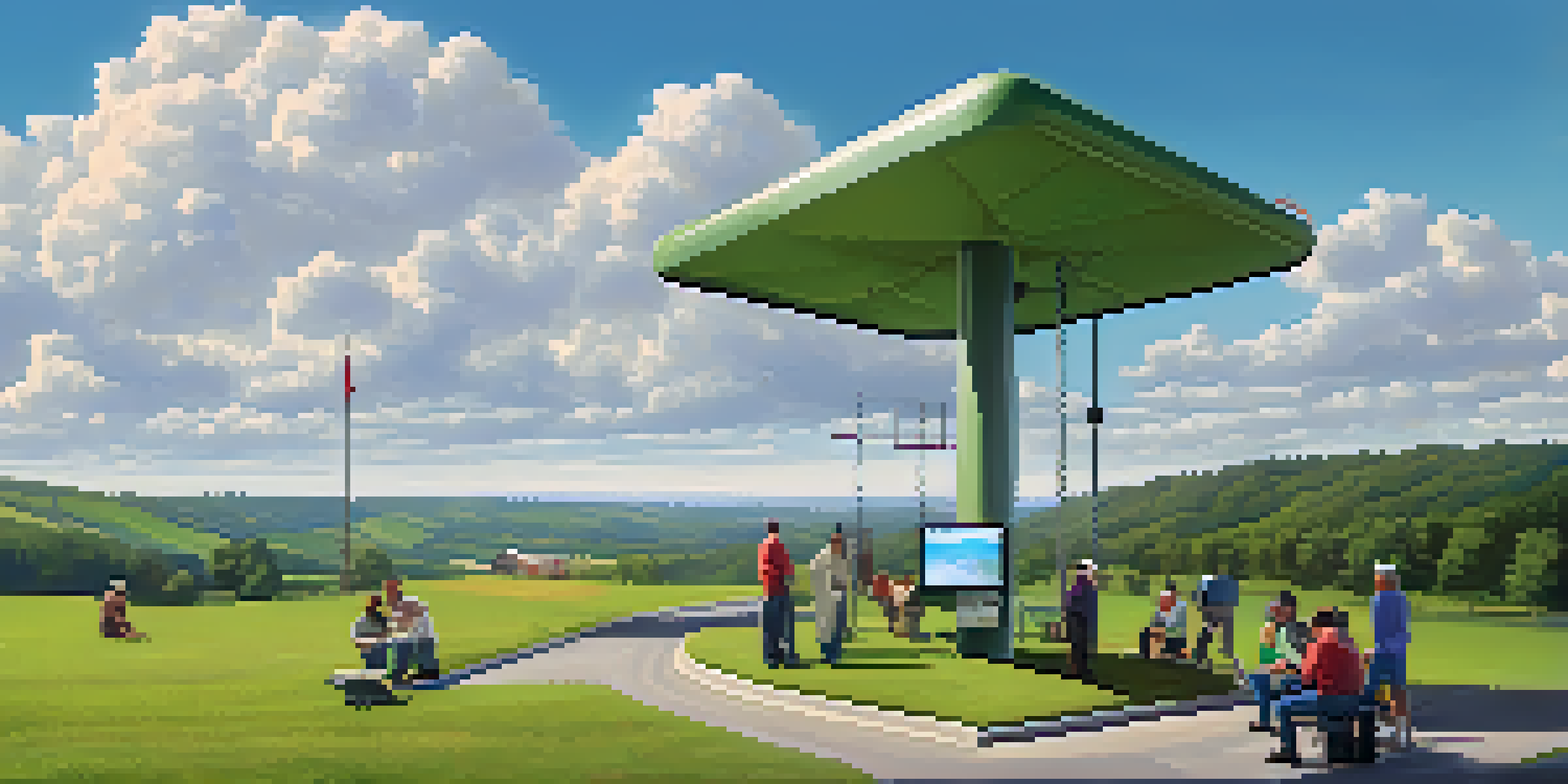 A peaceful Georgia landscape with green hills and a clear sky, where community members gather around a weather station, discussing safety measures.