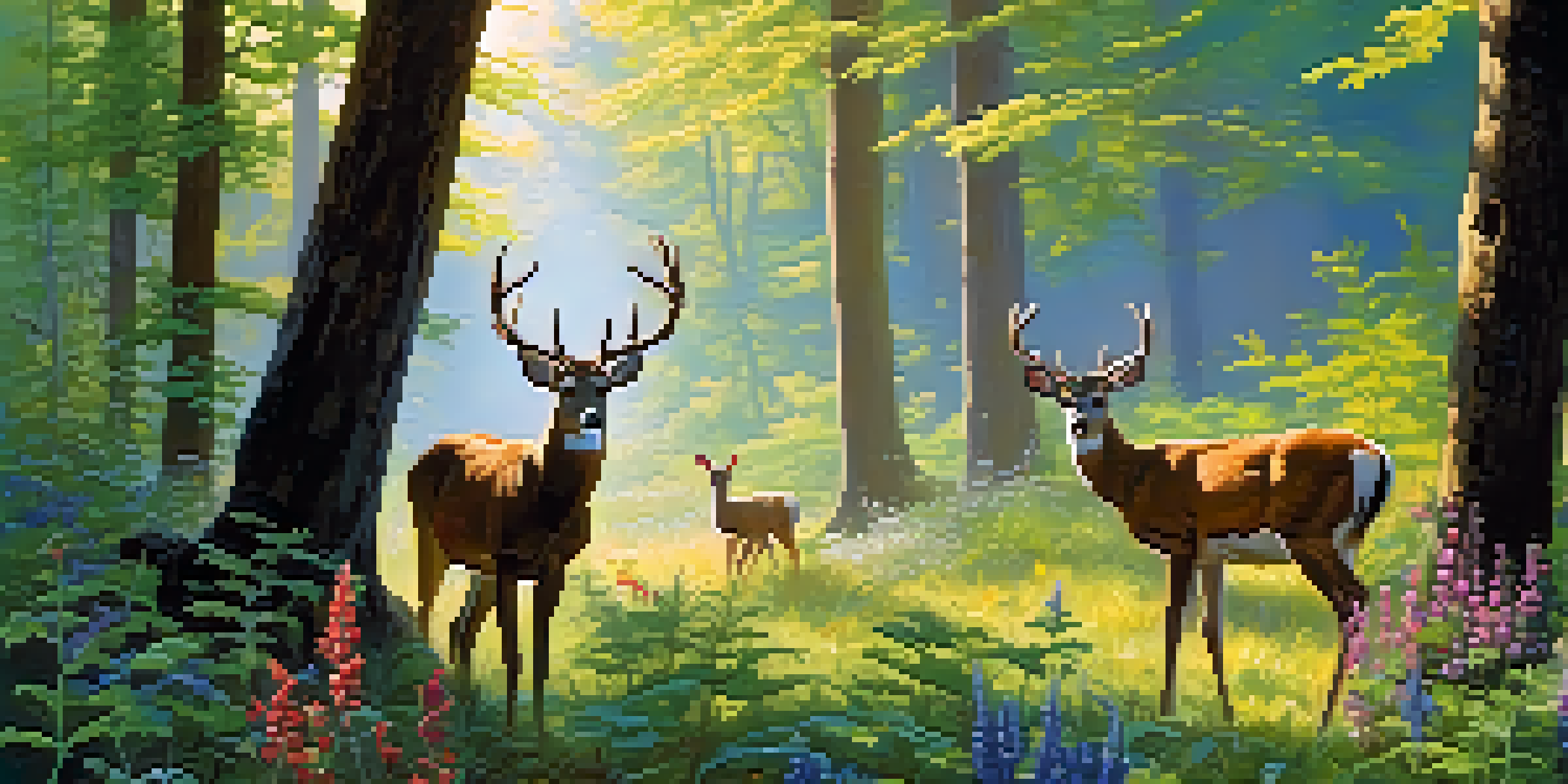 A peaceful forest filled with deer, birds, and wildflowers under sunlight.