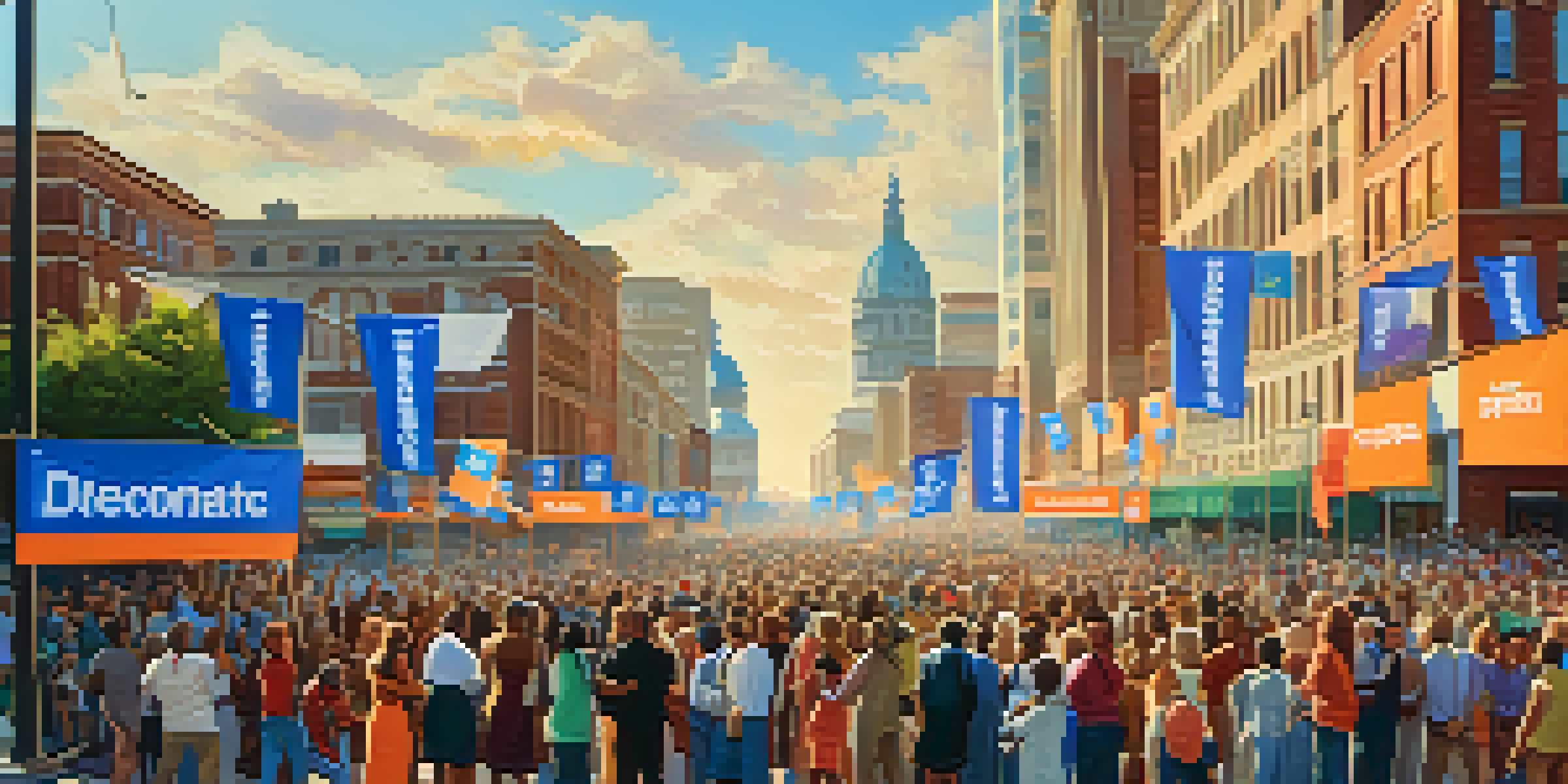 A lively campaign scene in a Georgia city with diverse supporters and colorful banners, set against a bright blue sky.