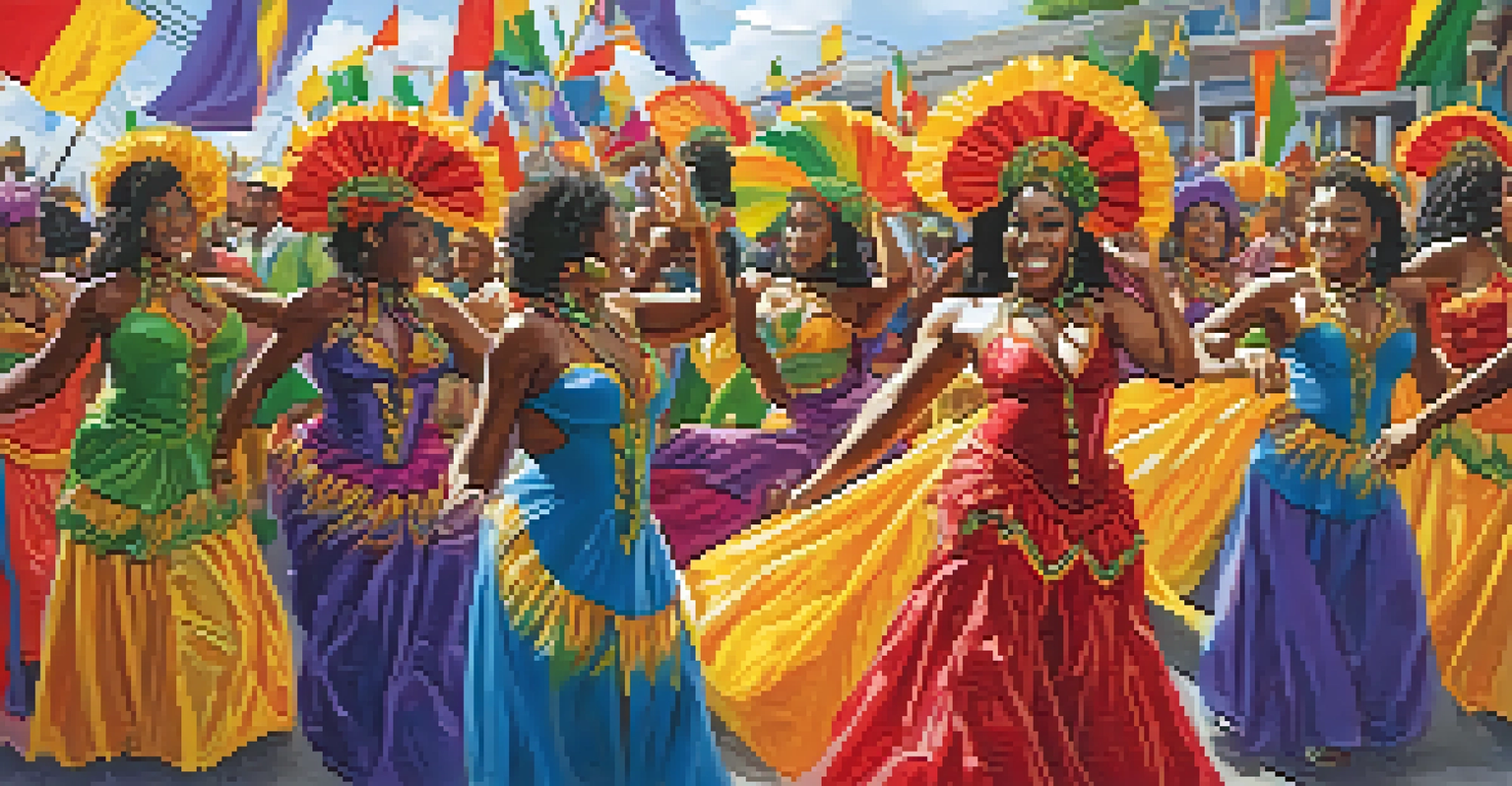 Participants in colorful costumes dancing during the Atlanta Caribbean Carnival parade, surrounded by vibrant flags.