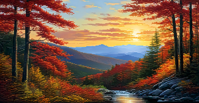 A scenic view of colorful fall foliage in the Blue Ridge Mountains with a winding trail and a stream.
