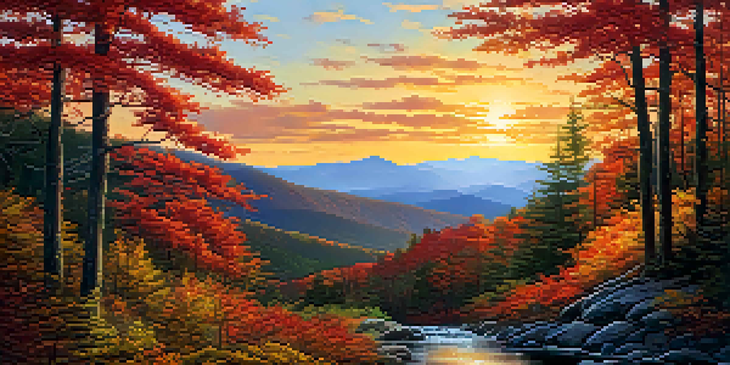 A scenic view of colorful fall foliage in the Blue Ridge Mountains with a winding trail and a stream.