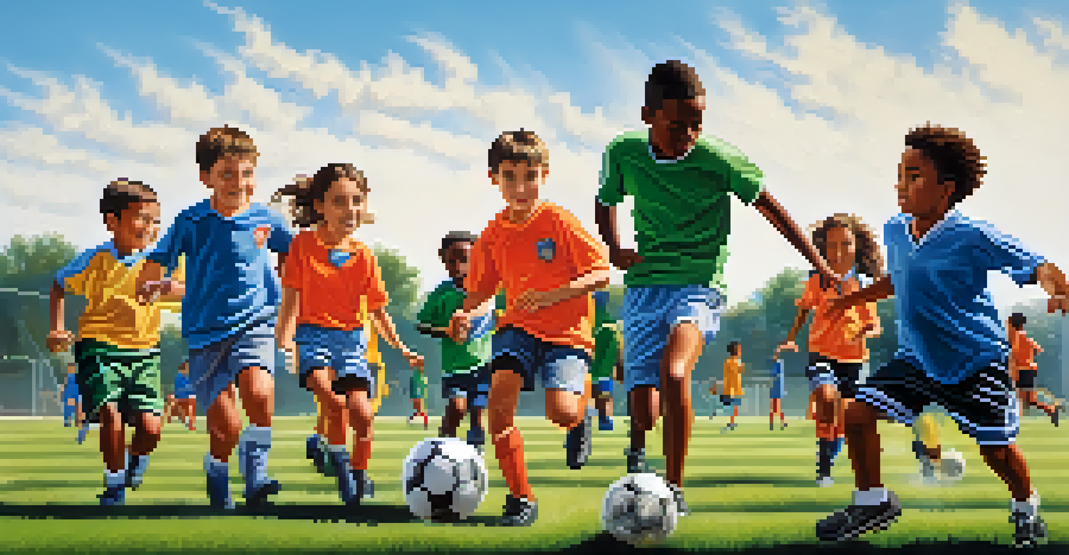 Young athletes practicing soccer on a green field, with coaches and clear blue skies in the background.