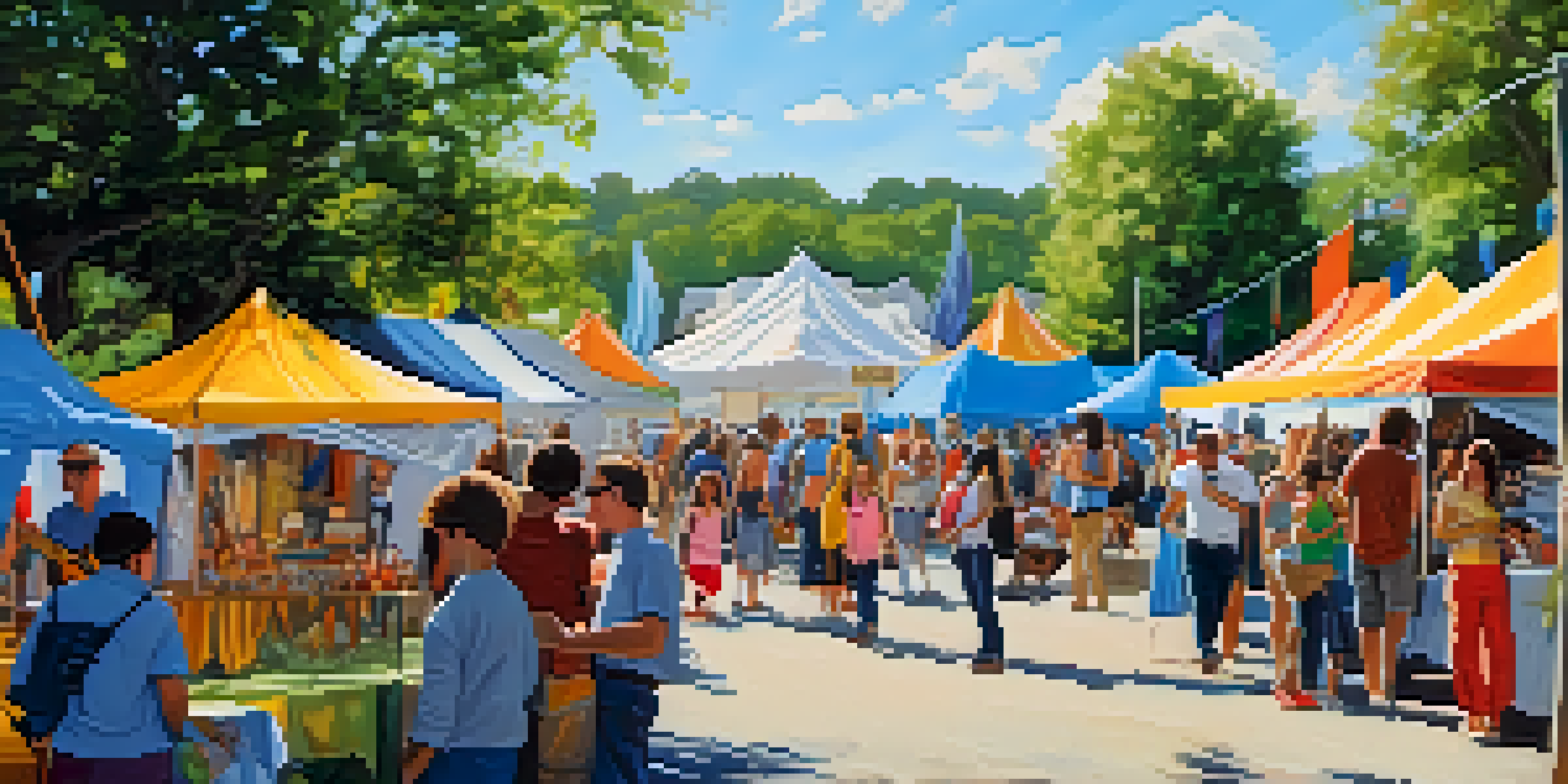 A lively arts festival in Georgia with colorful tents and local artists displaying their work, families enjoying various art activities under a sunny sky.