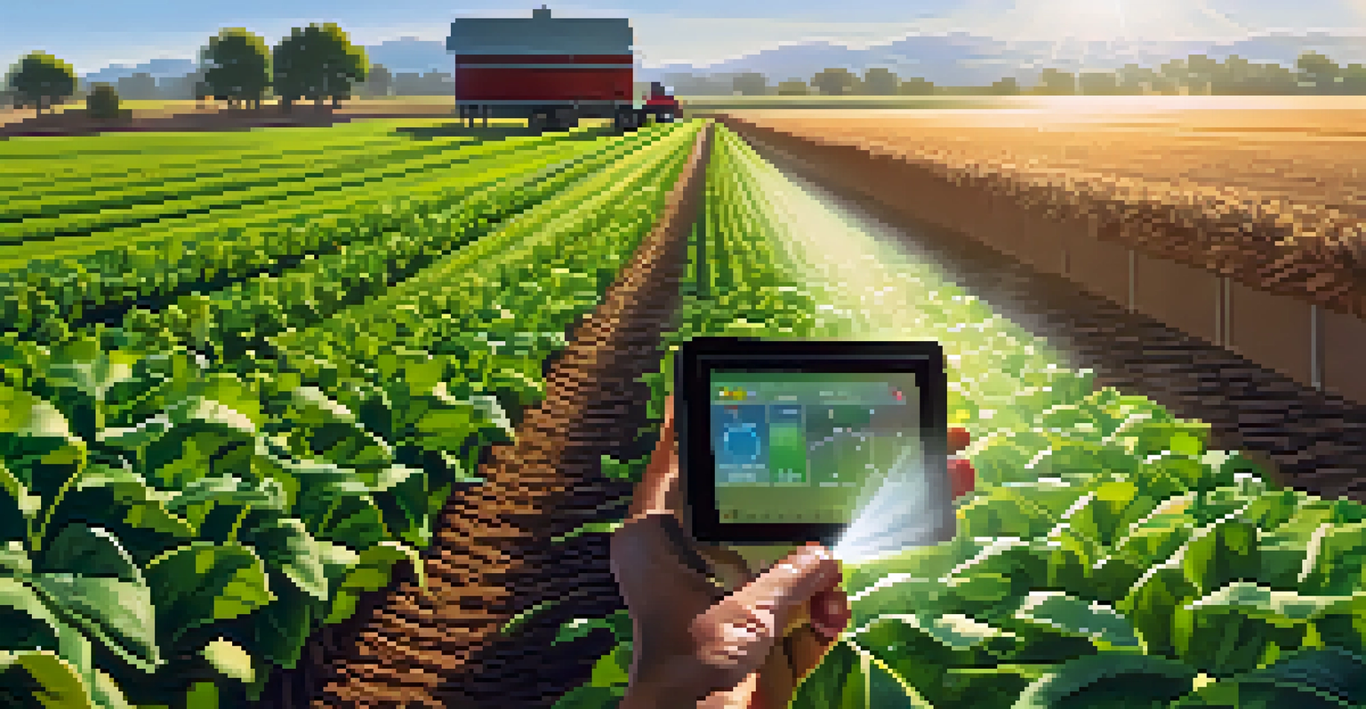 A farmer inspecting crops while using a smart irrigation system with sensors in the foreground under warm sunlight.