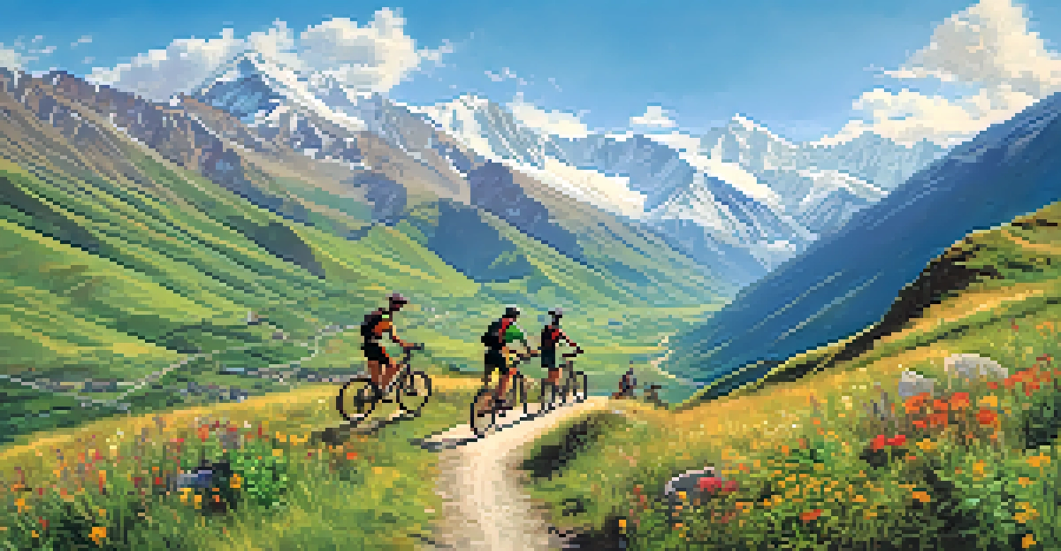 Mountain bikers on scenic trails in Kazbegi, with villages and Caucasus Mountains in the background on a clear day.