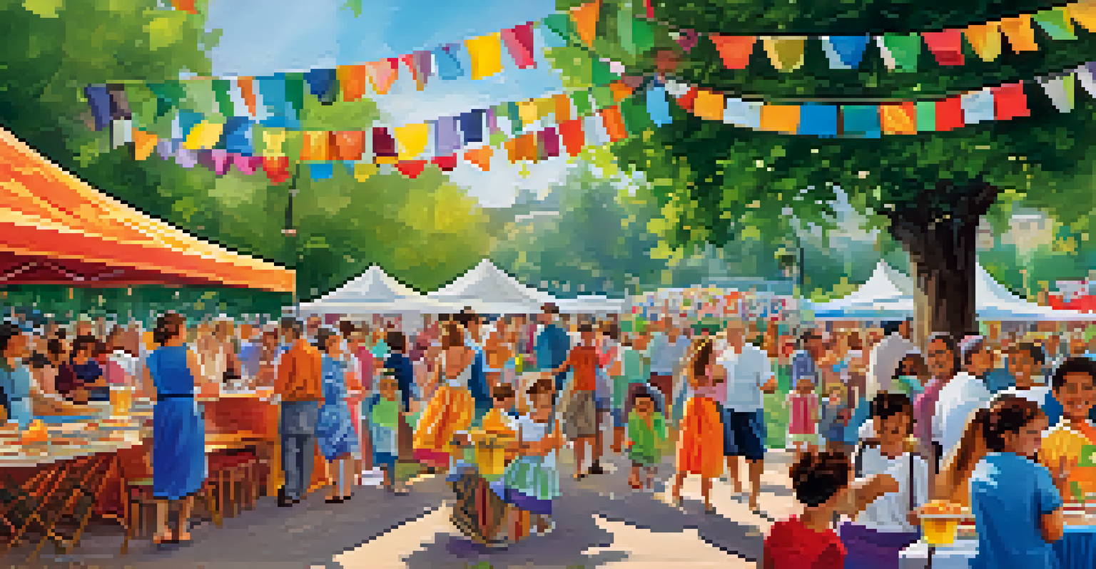 A vibrant Jewish cultural festival in a park with families enjoying traditional foods, dancing, and colorful booths amidst greenery.