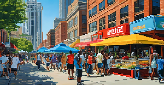 A lively street scene in Atlanta with tall buildings, street art, and people enjoying the sunny day.