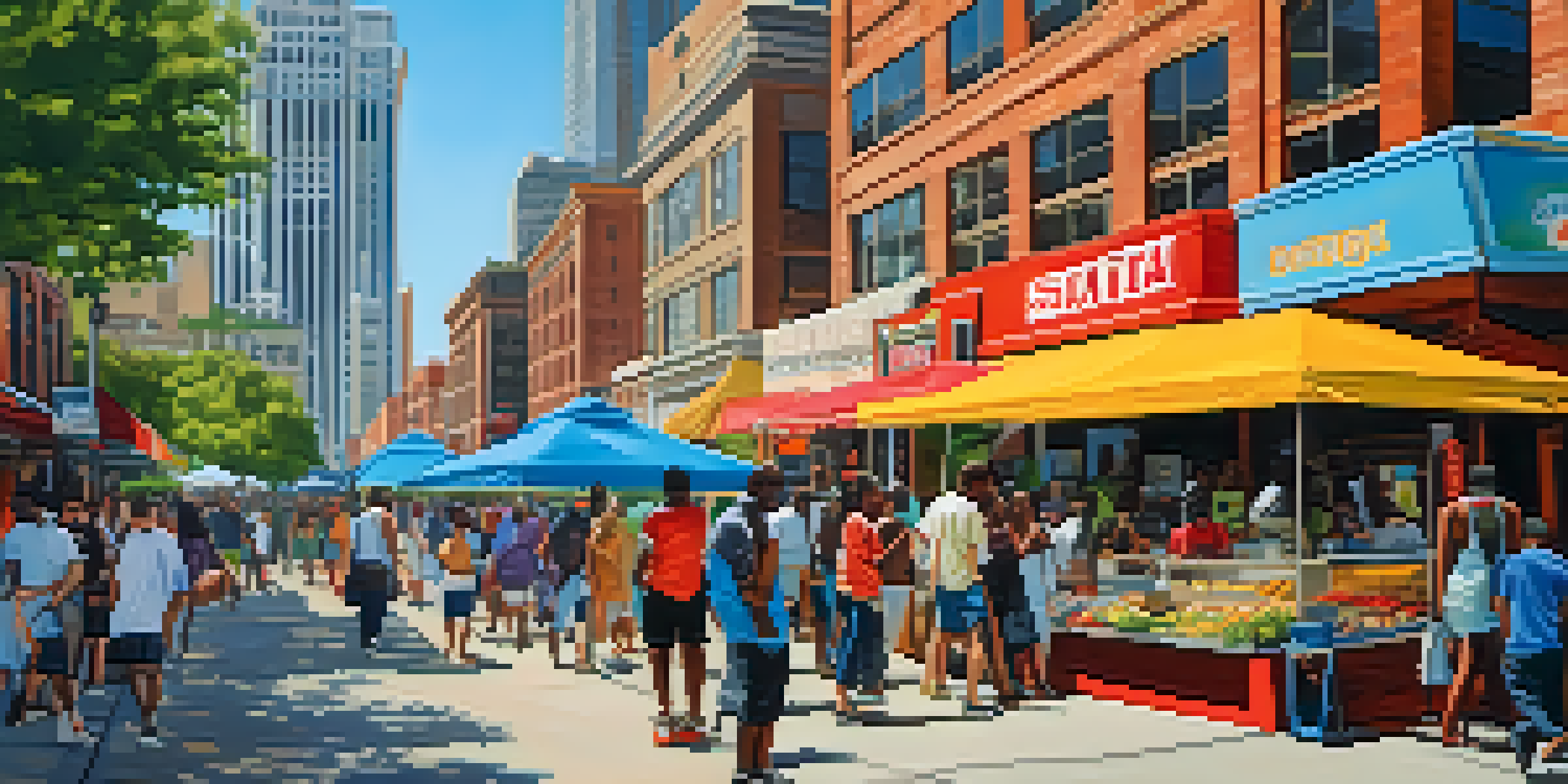 A lively street scene in Atlanta with tall buildings, street art, and people enjoying the sunny day.