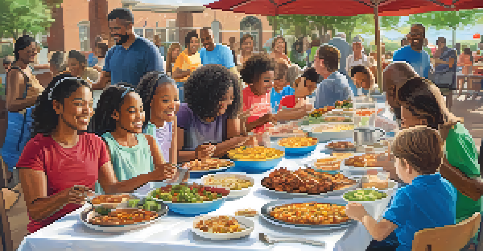 Community potluck event at Tabernacle Church with families sharing food and engaging in activities.
