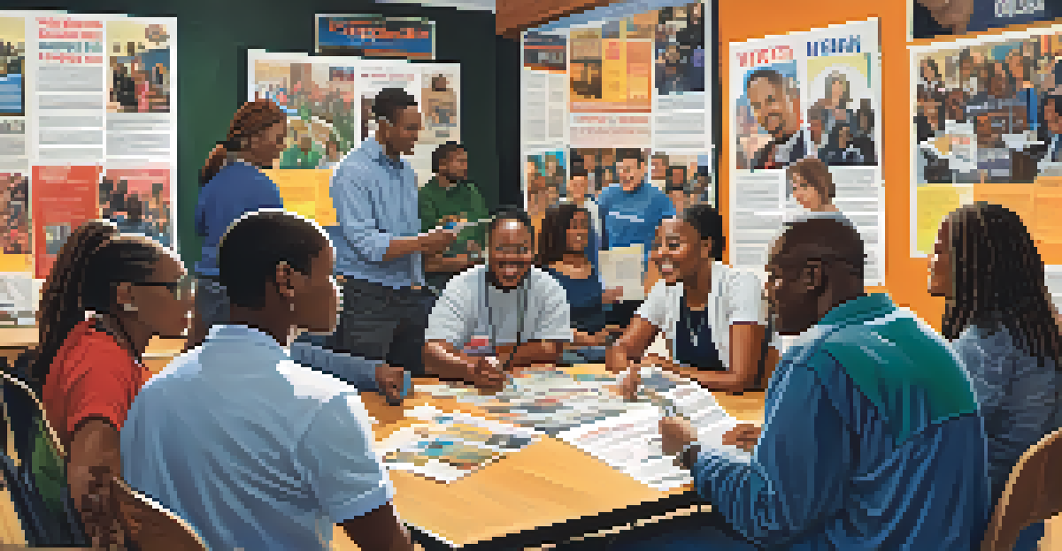A diverse grassroots campaign team collaborating at a community center, surrounded by campaign materials.
