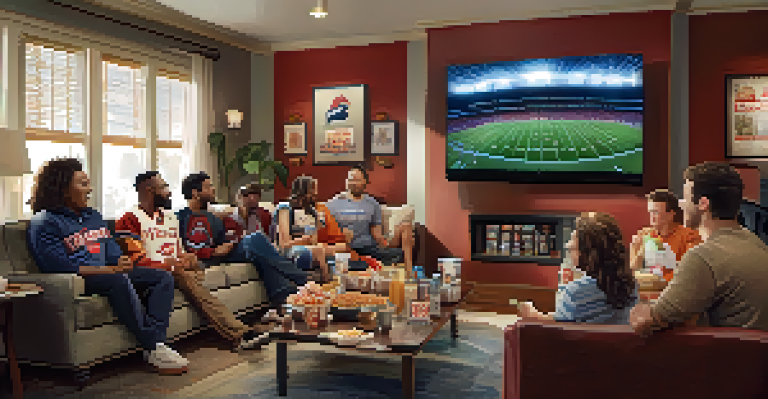 Fans in a cozy living room watching a professional sports game, filled with excitement and team memorabilia.