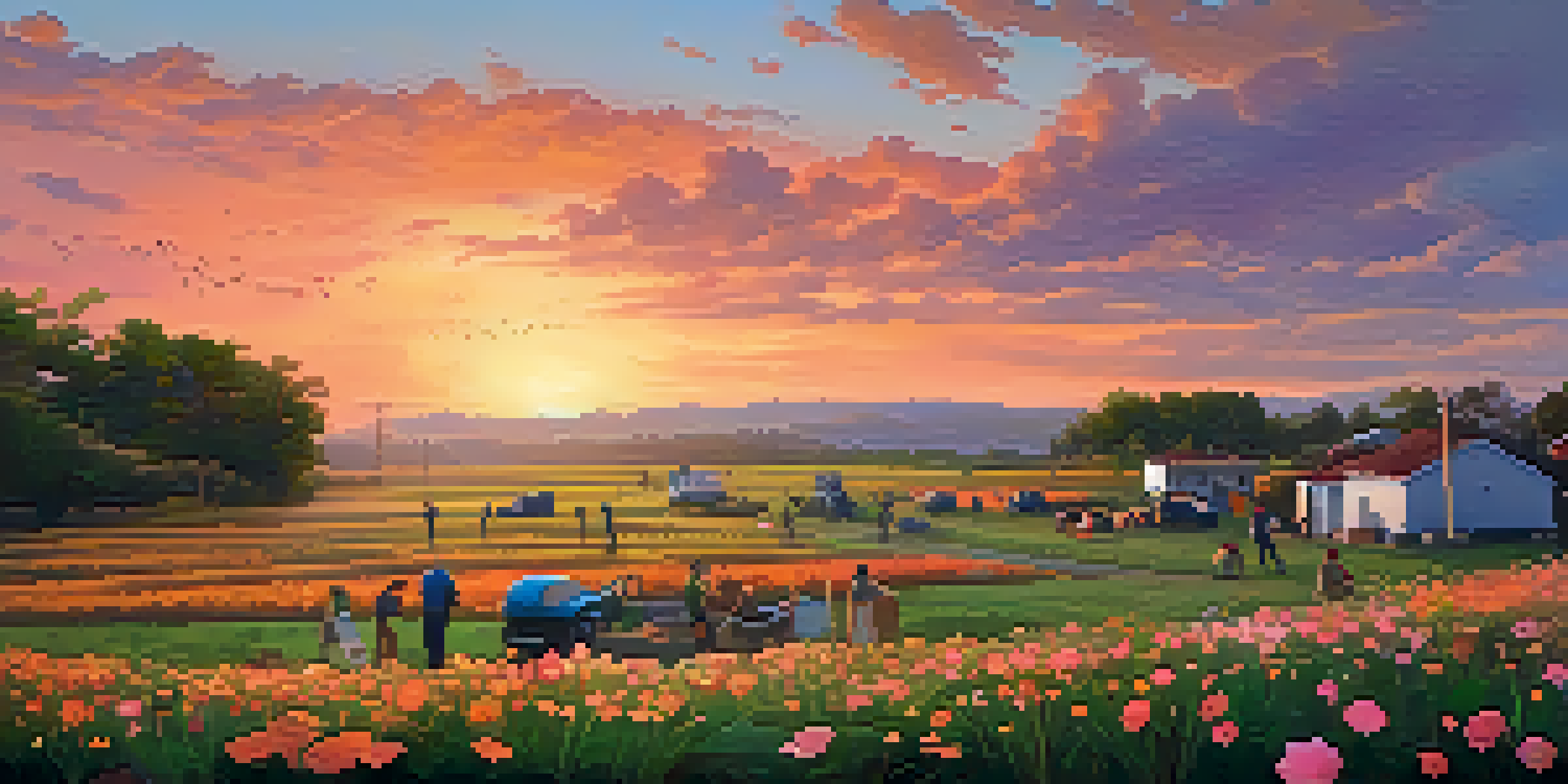 A peaceful Georgia countryside at sunset, with volunteers cleaning up after a disaster, symbolizing community resilience.