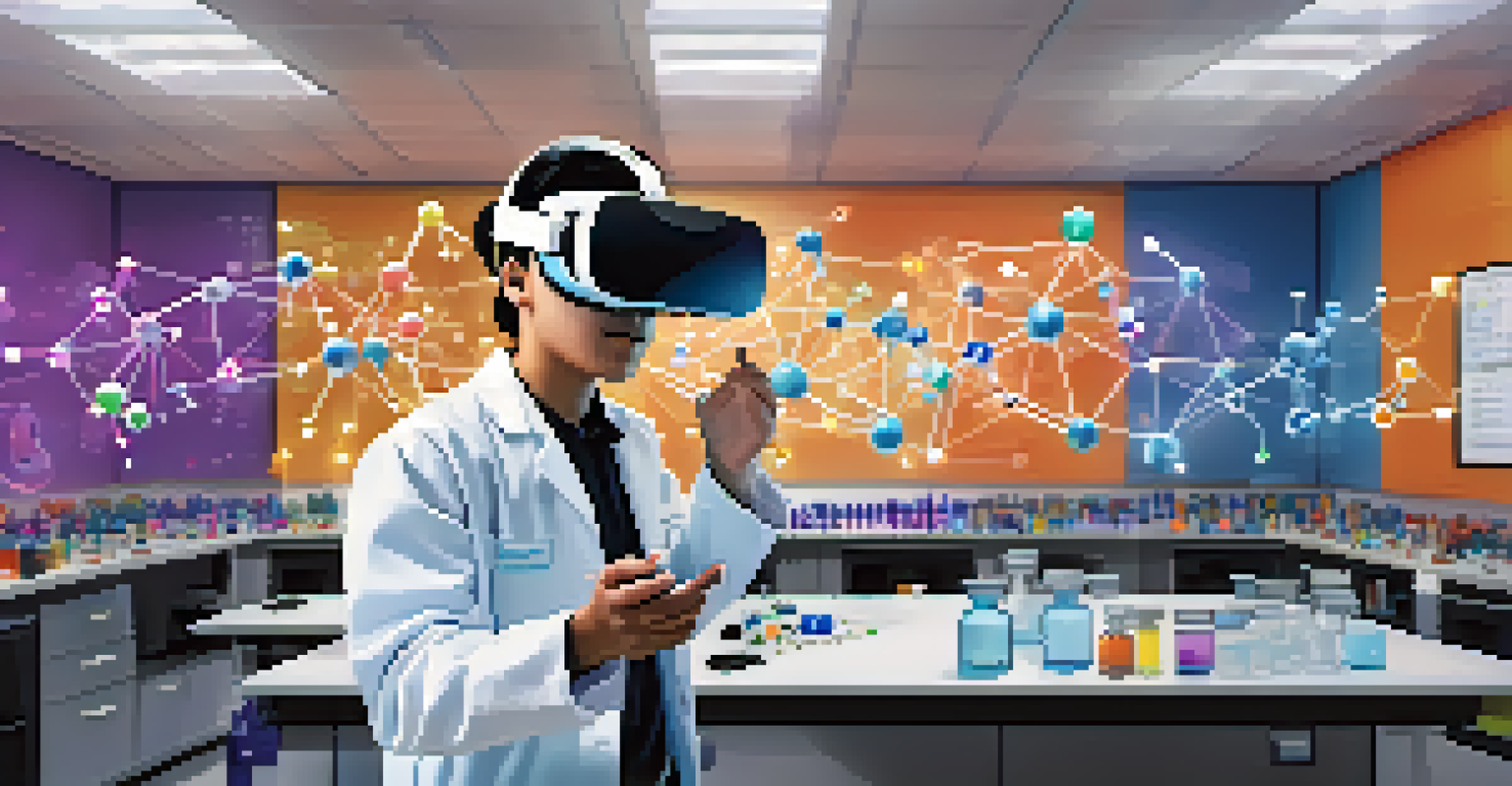 A student in a science lab wearing a VR headset, visualizing molecular structures with excitement.
