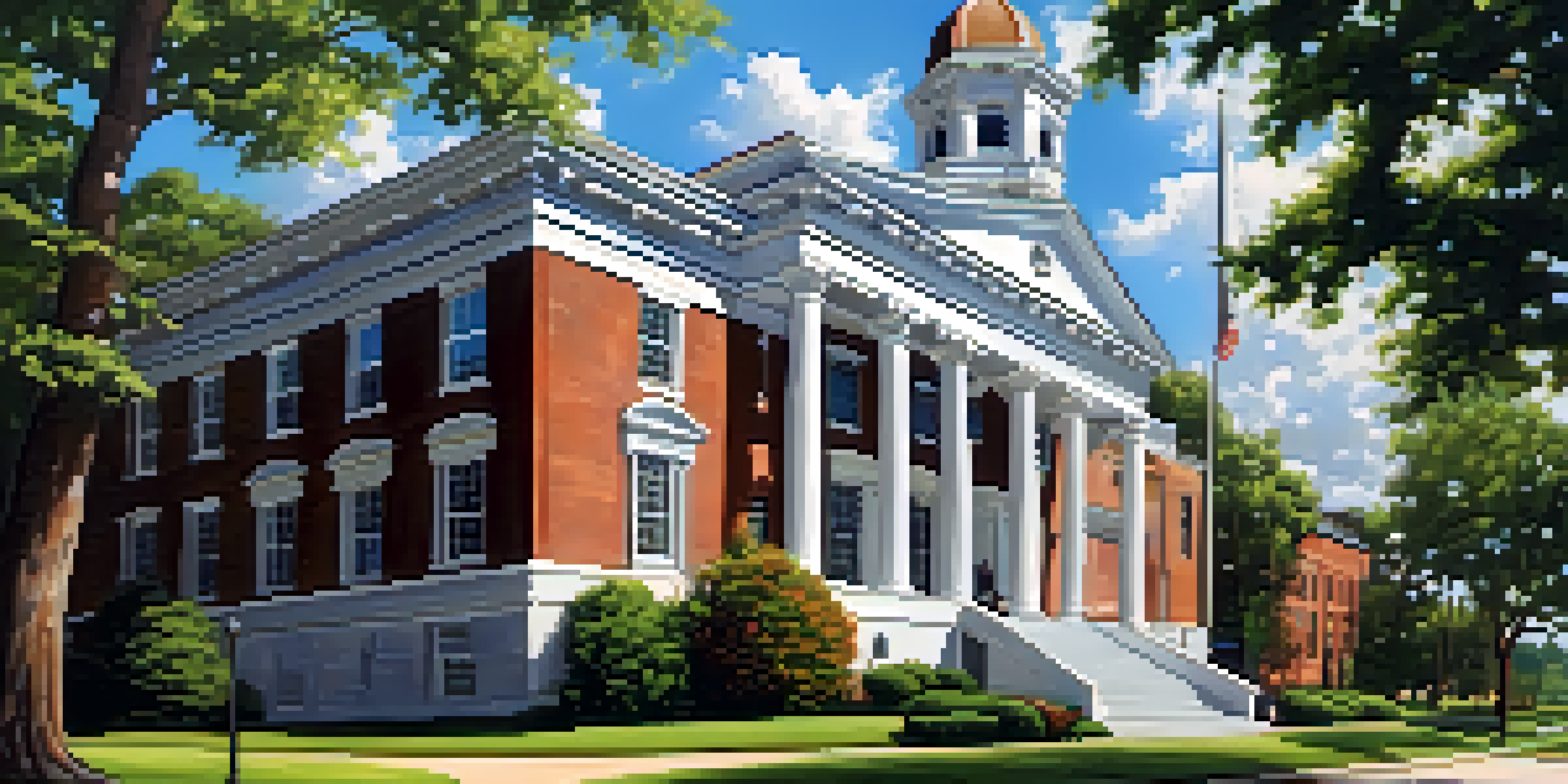 A scenic view of a Georgia county courthouse with greenery and flowers, showcasing community engagement.