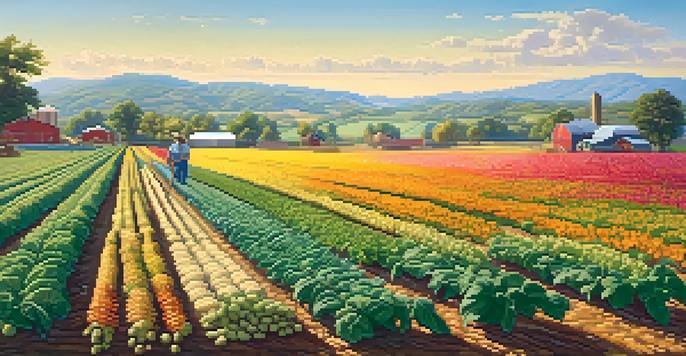 A colorful agricultural landscape in Georgia with various crops like cotton and soybeans, a farmer working, and hills in the background under a sunny sky.